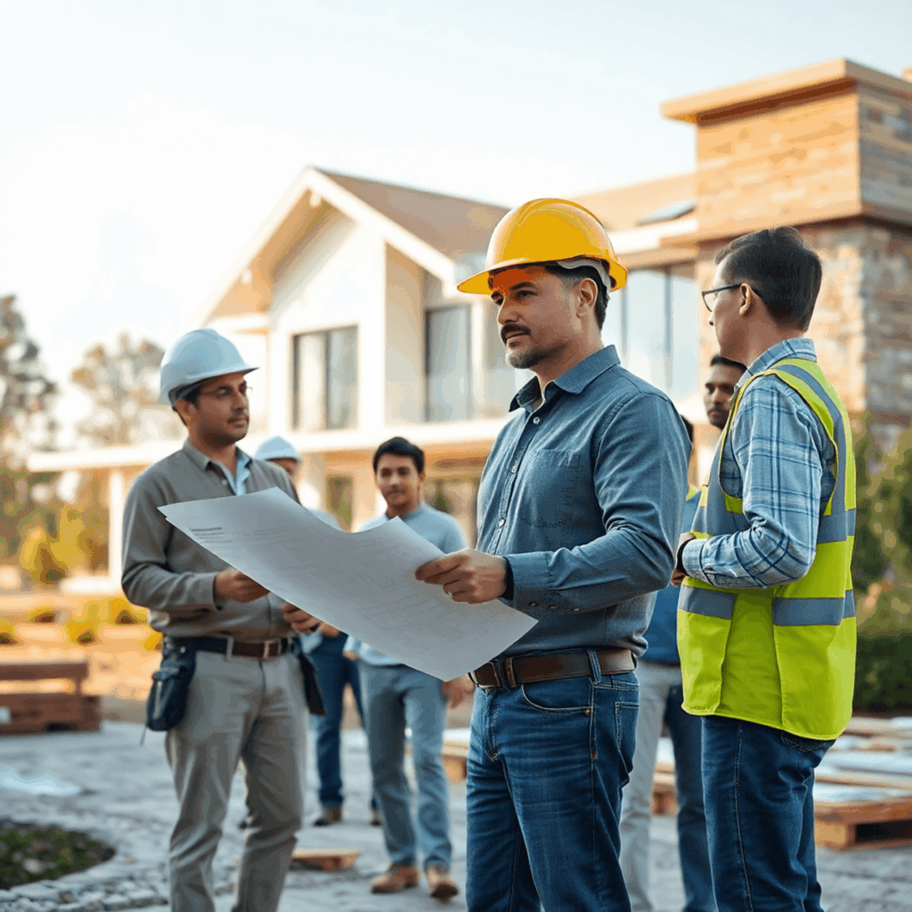 Luxury home construction site with modern house, lush landscaping, owner’s rep in hard hat holding blueprints, and diverse workers discussing craft...
