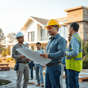 Luxury home construction site with modern house, lush landscaping, owner’s rep in hard hat holding blueprints, and diverse workers discussing craft...