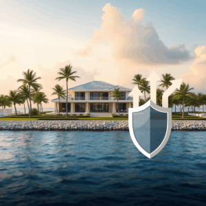 Luxury home under construction by the ocean, surrounded by palm trees, with abstract arrows and a shield symbolizing budget protection amidst risin...