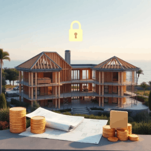 Luxury home under construction with framing, scaffolding, stacked coins by blueprints, a lock icon above, lush greenery, and coastal waterfront in ...