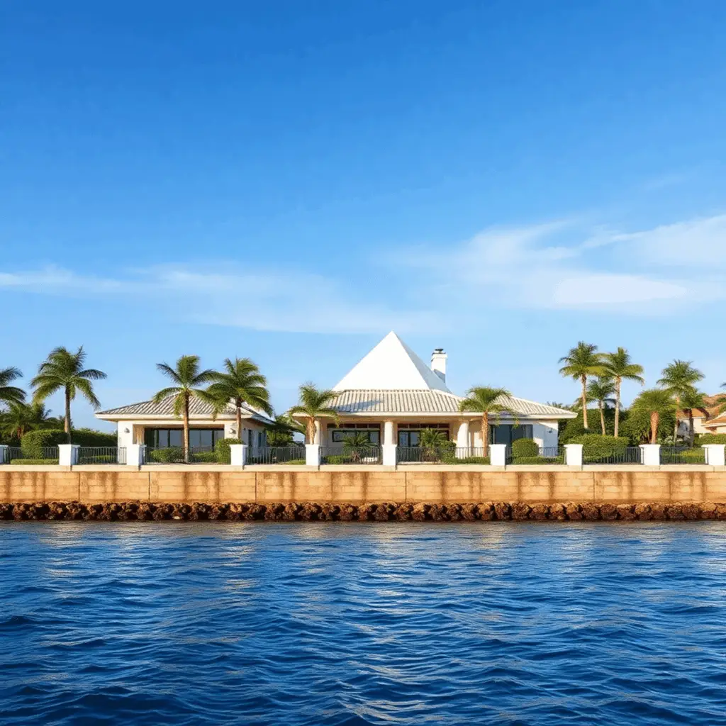 Luxury waterfront estate in South Florida with modern seawall, calm blue water, clear sky, subtle wave patterns, and lush tropical landscaping with...