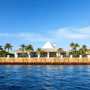 Luxury waterfront estate in South Florida with modern seawall, calm blue water, clear sky, subtle wave patterns, and lush tropical landscaping with...