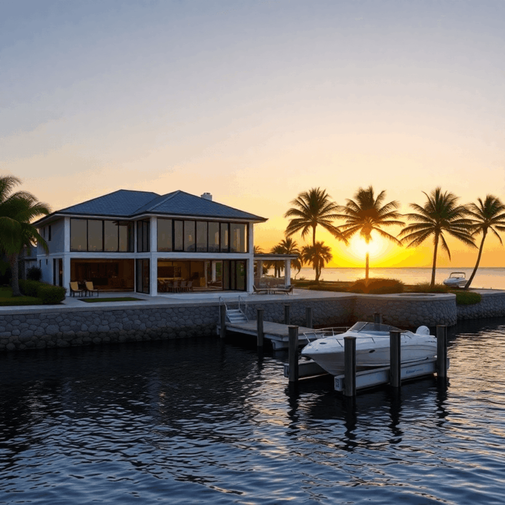 Luxury waterfront home at sunset with glass windows, private dock, seawall, tropical landscaping, and palm trees reflecting on calm water.