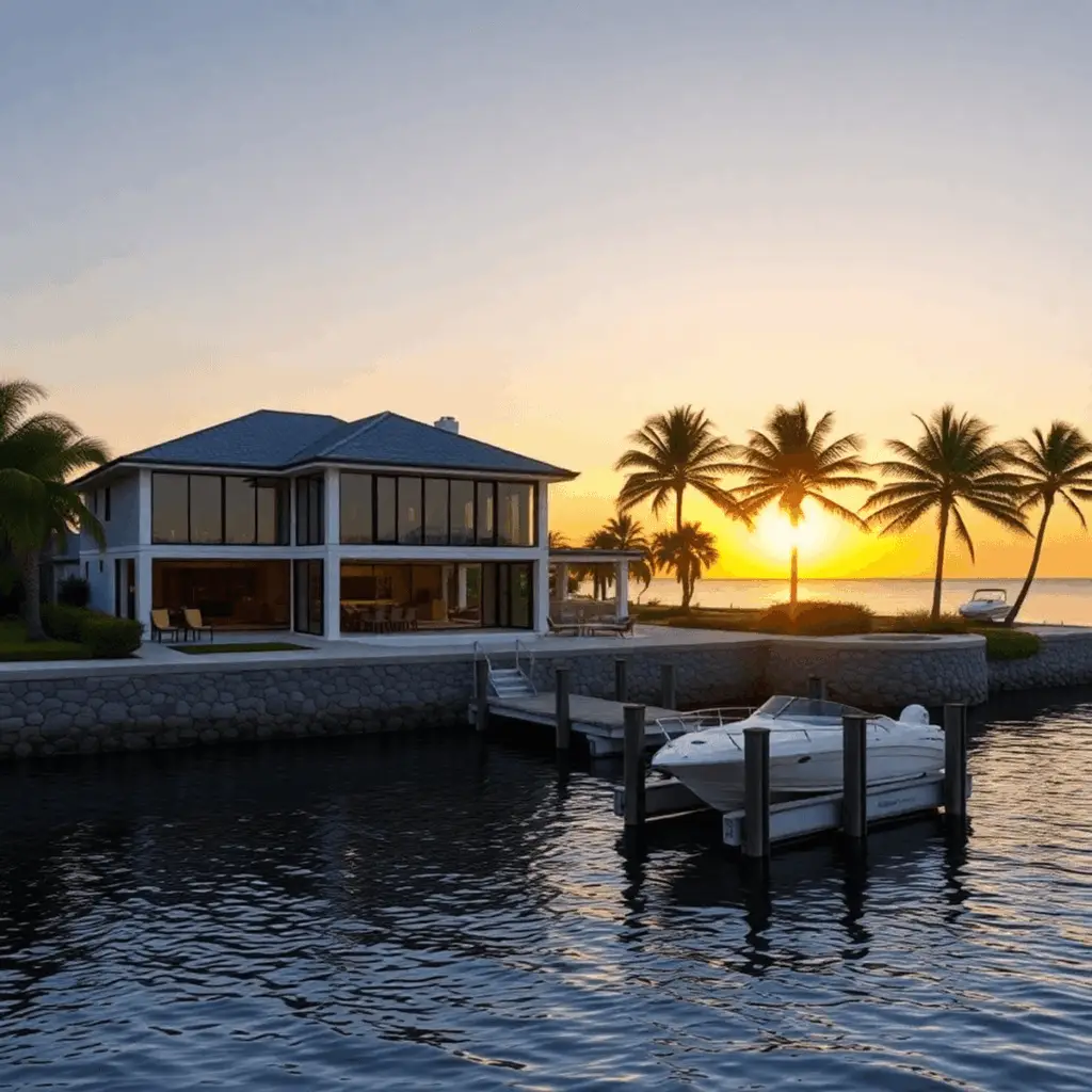 Luxury waterfront home at sunset with glass windows, private dock, seawall, tropical landscaping, and palm trees reflecting on calm water.