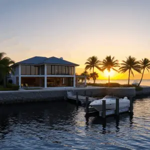 Luxury waterfront home at sunset with glass windows, private dock, seawall, tropical landscaping, and palm trees reflecting on calm water.