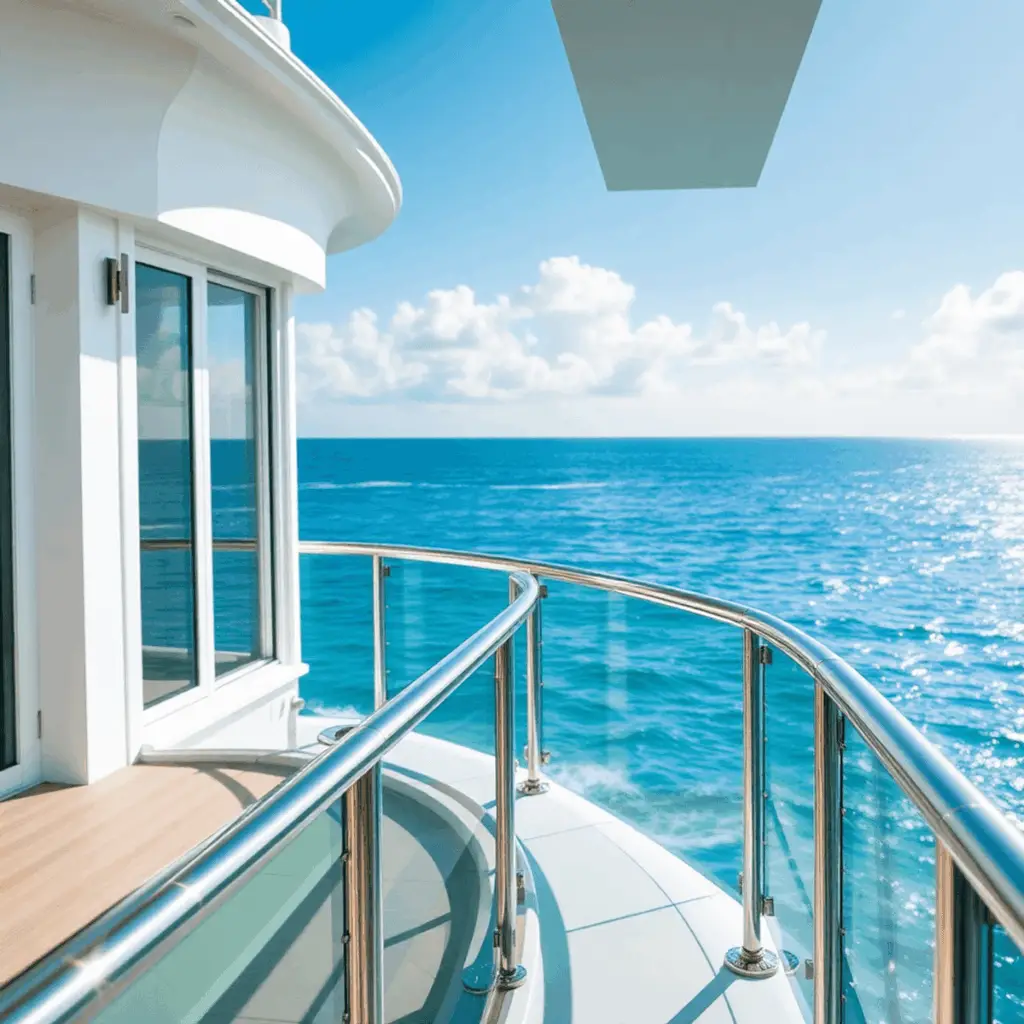Luxury waterfront home exterior with stainless steel railings, aluminum accents, and bronze hardware under bright sunlight by a calm ocean.