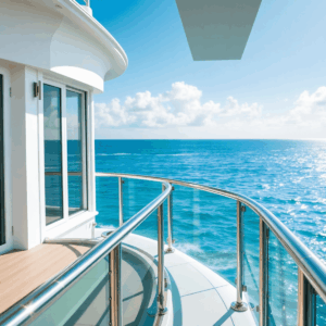 Luxury waterfront home exterior with stainless steel railings, aluminum accents, and bronze hardware under bright sunlight by a calm ocean.