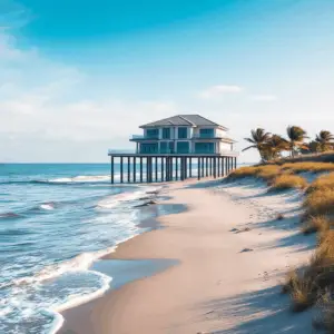 Luxury waterfront home on stilts between calm intracoastal waterway and ocean beach, with wind-bent palms and salt spray under a bright, storm-read...