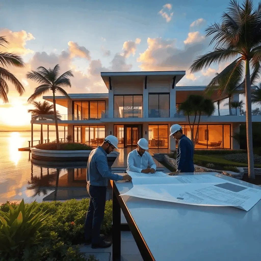 Luxury waterfront home under construction at sunset with tropical plants; architects and builders review blueprints nearby, showcasing a custom bui...