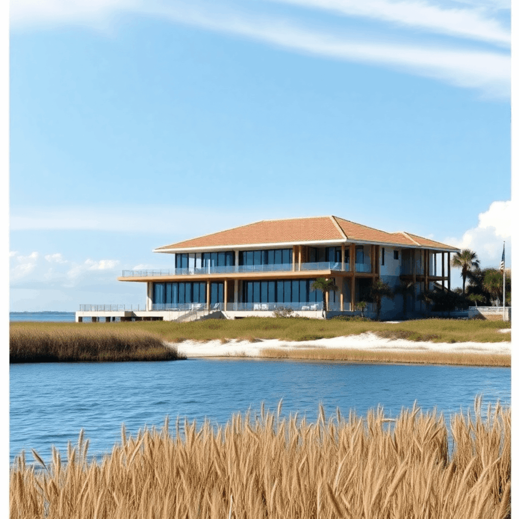 Luxury waterfront home under construction by dunes and mangroves, with calm coastal waters and clear sky, blending upscale building and nature pres...