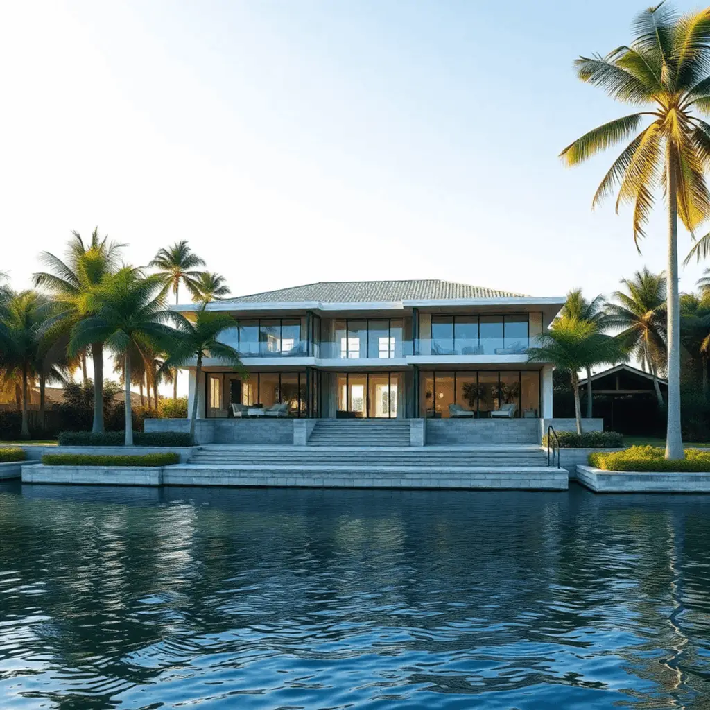 Luxury waterfront home under construction with modern design, large glass windows, surrounded by palm trees and calm water in warm sunlight.