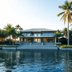 Luxury waterfront home under construction with modern design, large glass windows, surrounded by palm trees and calm water in warm sunlight.