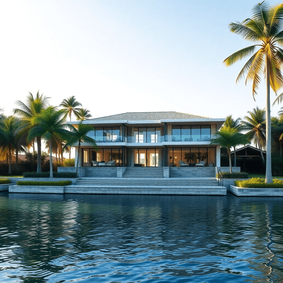 Luxury waterfront home under construction with large glass openings and modern massing beside calm water