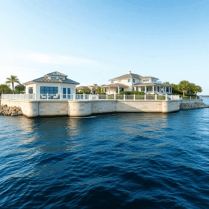 Luxury waterfront home with a pristine seawall, calm blue water, elegant landscaping, and a clear sky overhead.