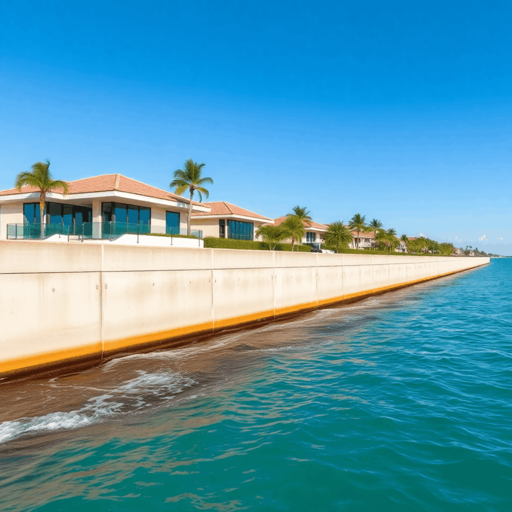 Luxury waterfront home with sturdy concrete seawall, calm turquoise water, palm trees, sandy soil, and a bright clear sky symbolizing strength and ...