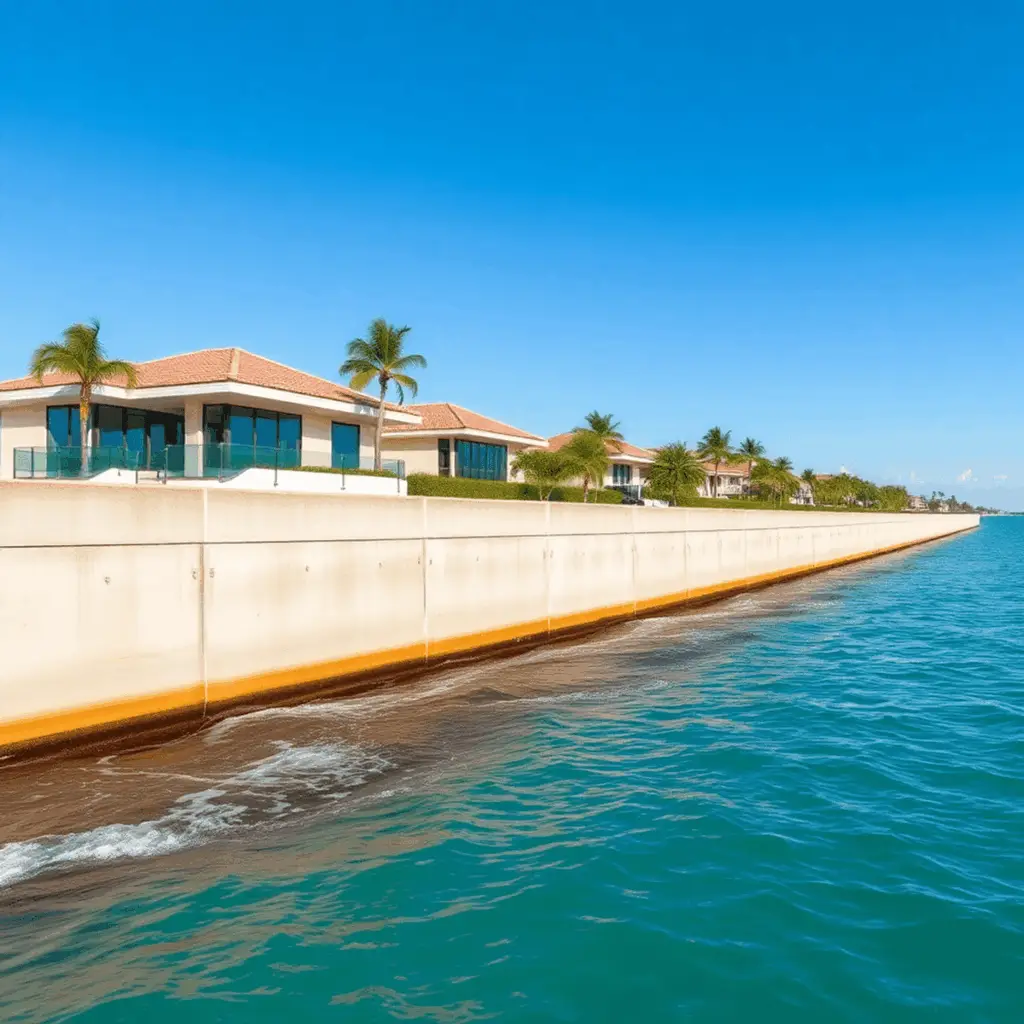Luxury waterfront home with sturdy concrete seawall, calm turquoise water, palm trees, sandy soil, and a bright clear sky symbolizing strength and ...