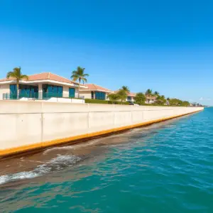 Luxury waterfront home with sturdy concrete seawall, calm turquoise water, palm trees, sandy soil, and a bright clear sky symbolizing strength and ...