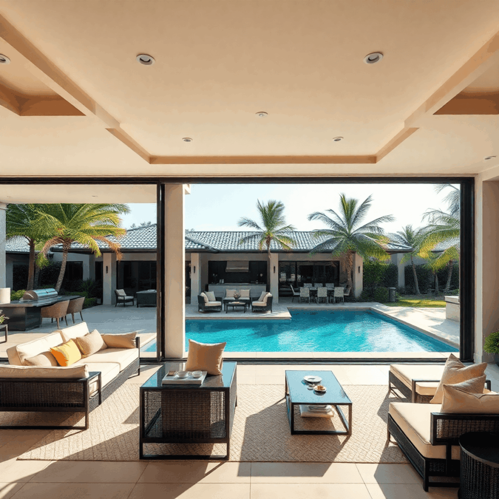 Modern Florida estate with open sliding doors to a covered lanai, outdoor lounge, kitchen, pool, tropical plants, and palm trees under warm sunlight.