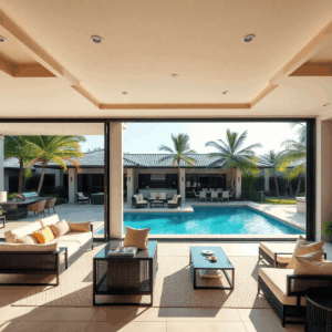 Modern Florida estate with open sliding doors to a covered lanai, outdoor lounge, kitchen, pool, tropical plants, and palm trees under warm sunlight.