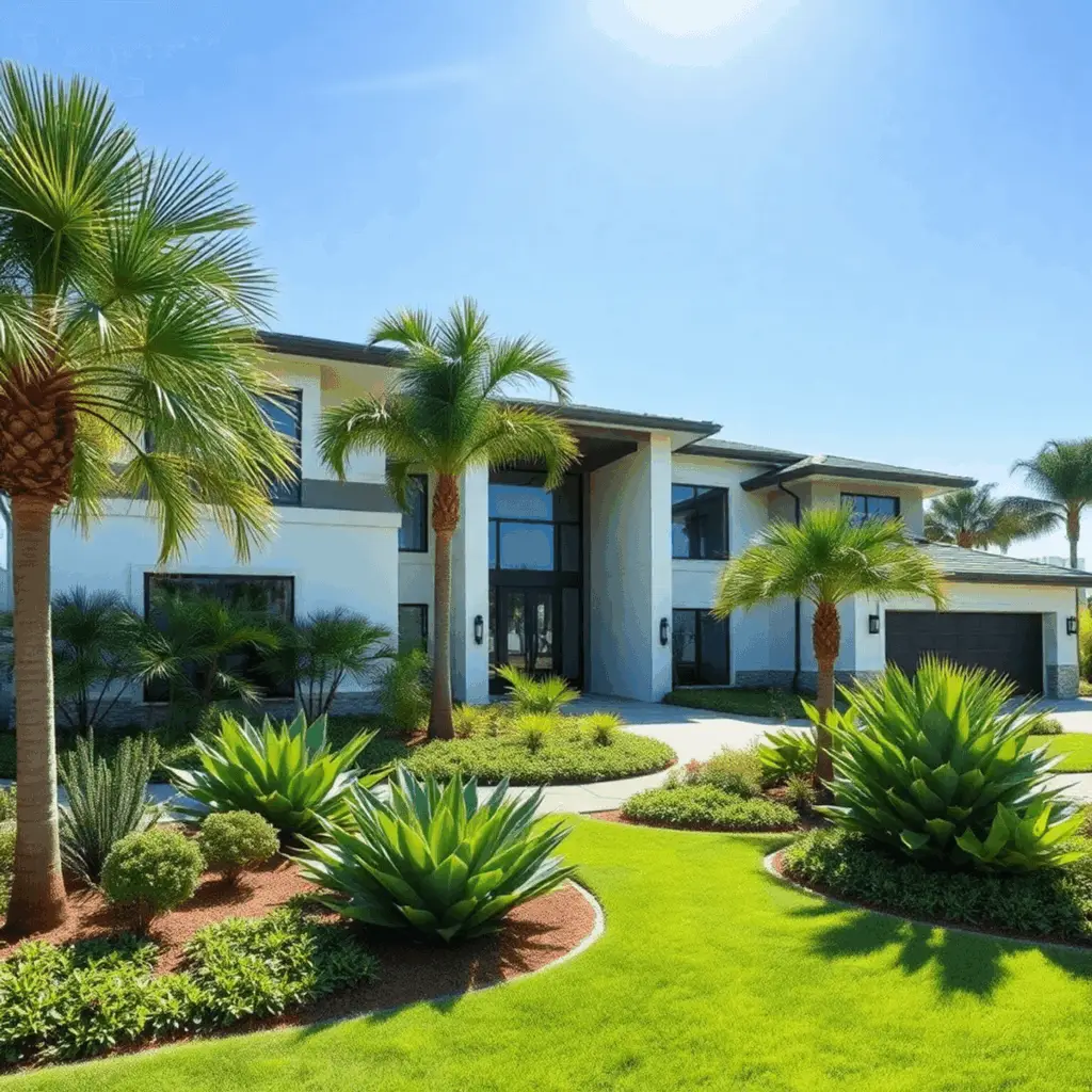 Modern Florida home with sleek design, lush native plants, layered greenery, and clean landscaping under a bright sunny coastal sky.