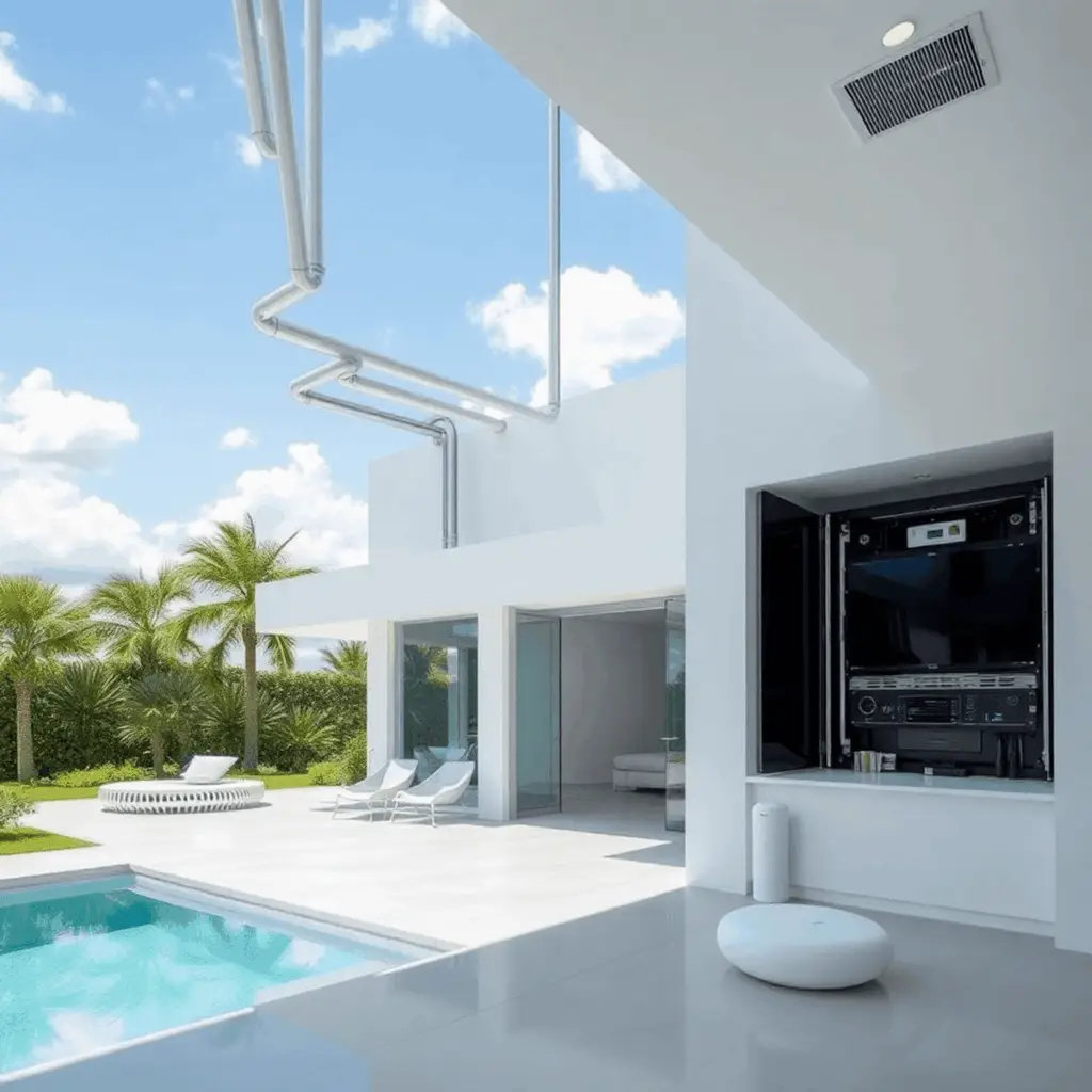 Modern Florida luxury home with sleek smart tech, structured wiring, AV rack, outdoor devices, palm trees, and sunny tropical landscaping.