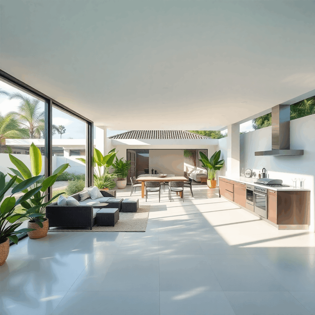 Modern South Florida home with large glass doors opening to a covered patio featuring an outdoor kitchen, comfortable seating, tropical plants, and...