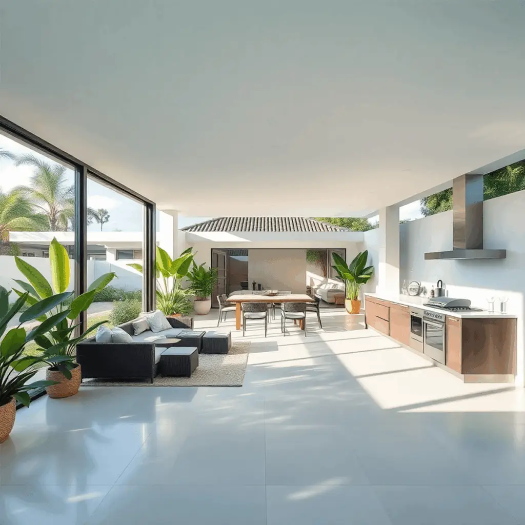 Modern South Florida home with large glass doors opening to a covered patio featuring an outdoor kitchen, comfortable seating, tropical plants, and...