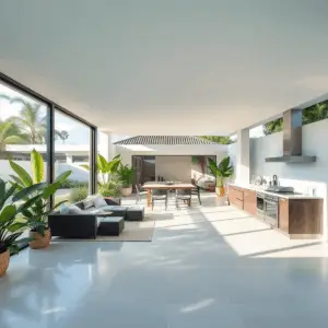 Modern South Florida home with large glass doors opening to a covered patio featuring an outdoor kitchen, comfortable seating, tropical plants, and...