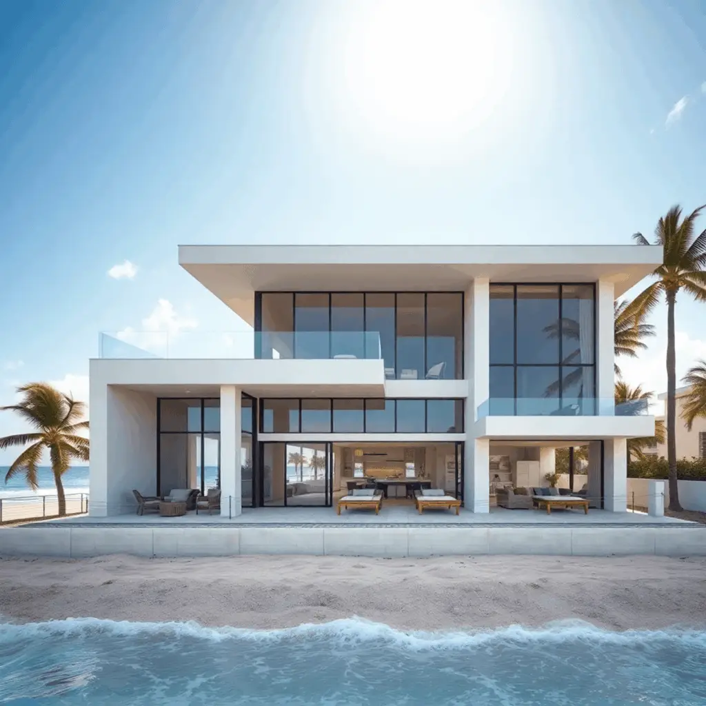 Modern beachfront home under construction with large glass windows, palm trees, and ocean waves in a sunny tropical setting.