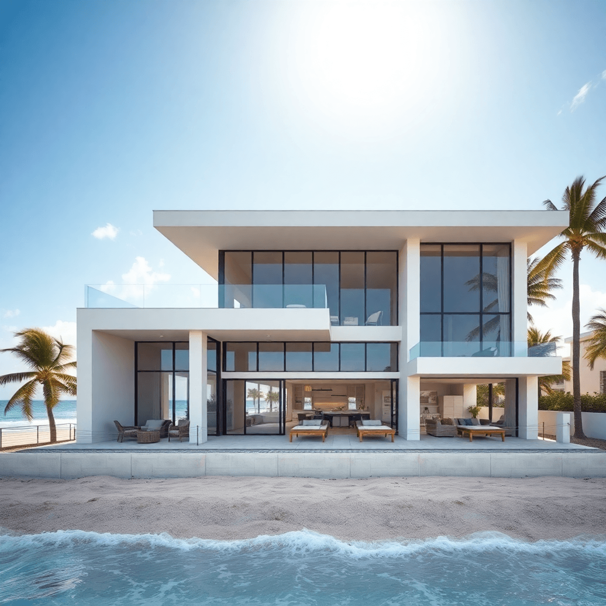 Modern beachfront home with full-height glazing facing the surf on a South Florida oceanfront lot