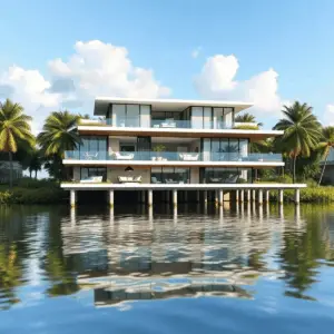 Modern coastal home on pilings above calm water, surrounded by tropical plants, featuring open design and clear sky reflection.