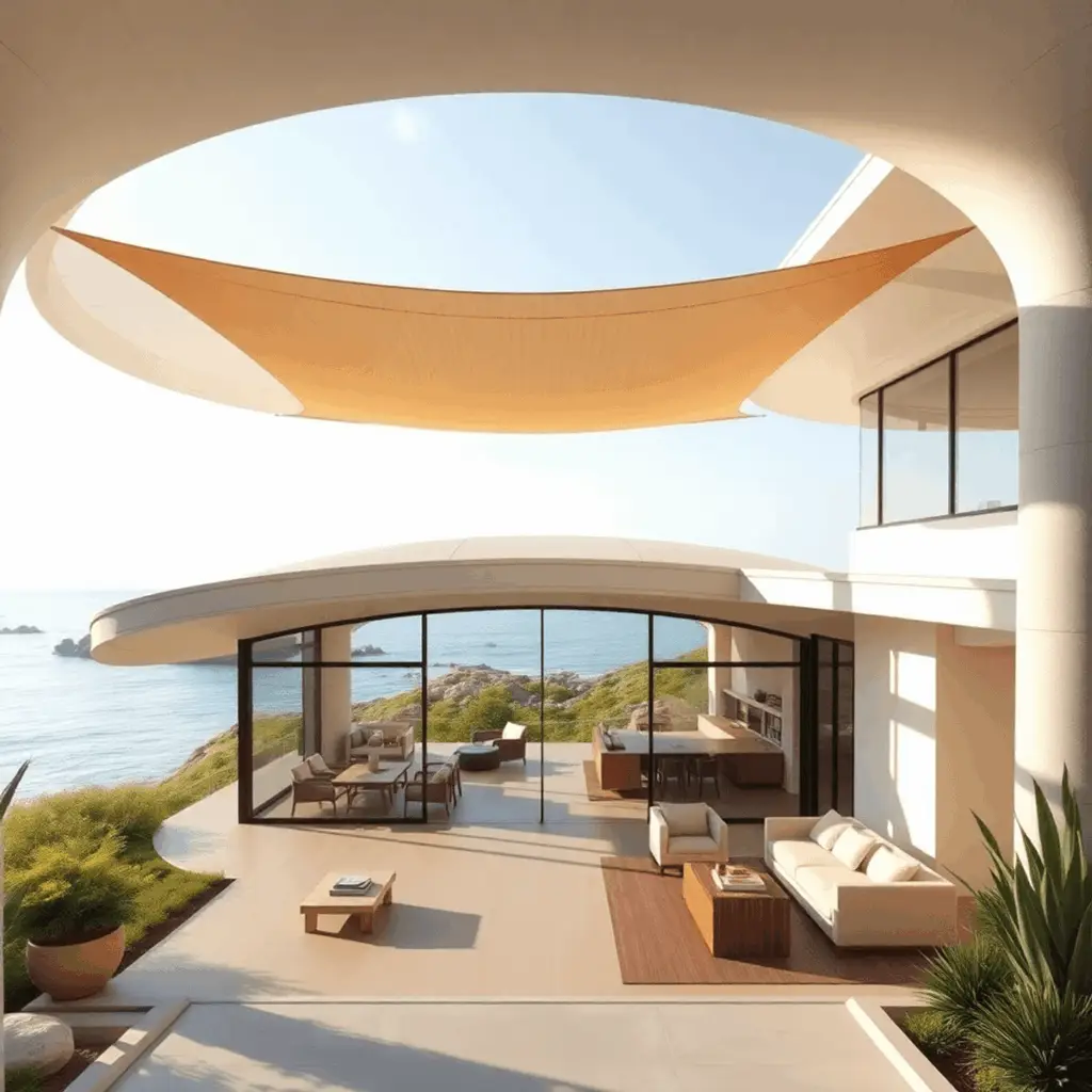 Modern coastal home with curved design, glass walls opening to shaded patio, elevated foundation, and lush landscaping by calm waterfront under sof...