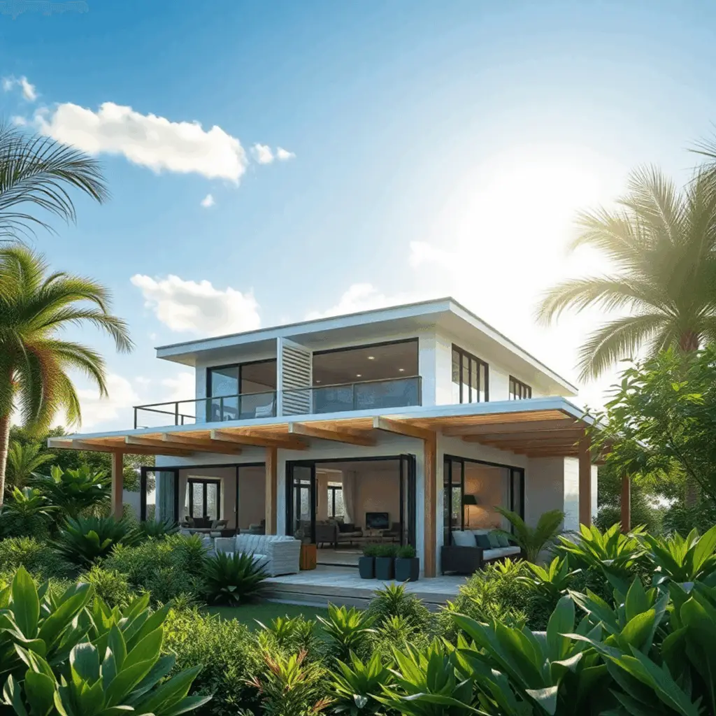 Modern coastal home with lush greenery, pergolas, open windows, and outdoor spaces under a bright sky, showcasing natural ventilation and passive c...