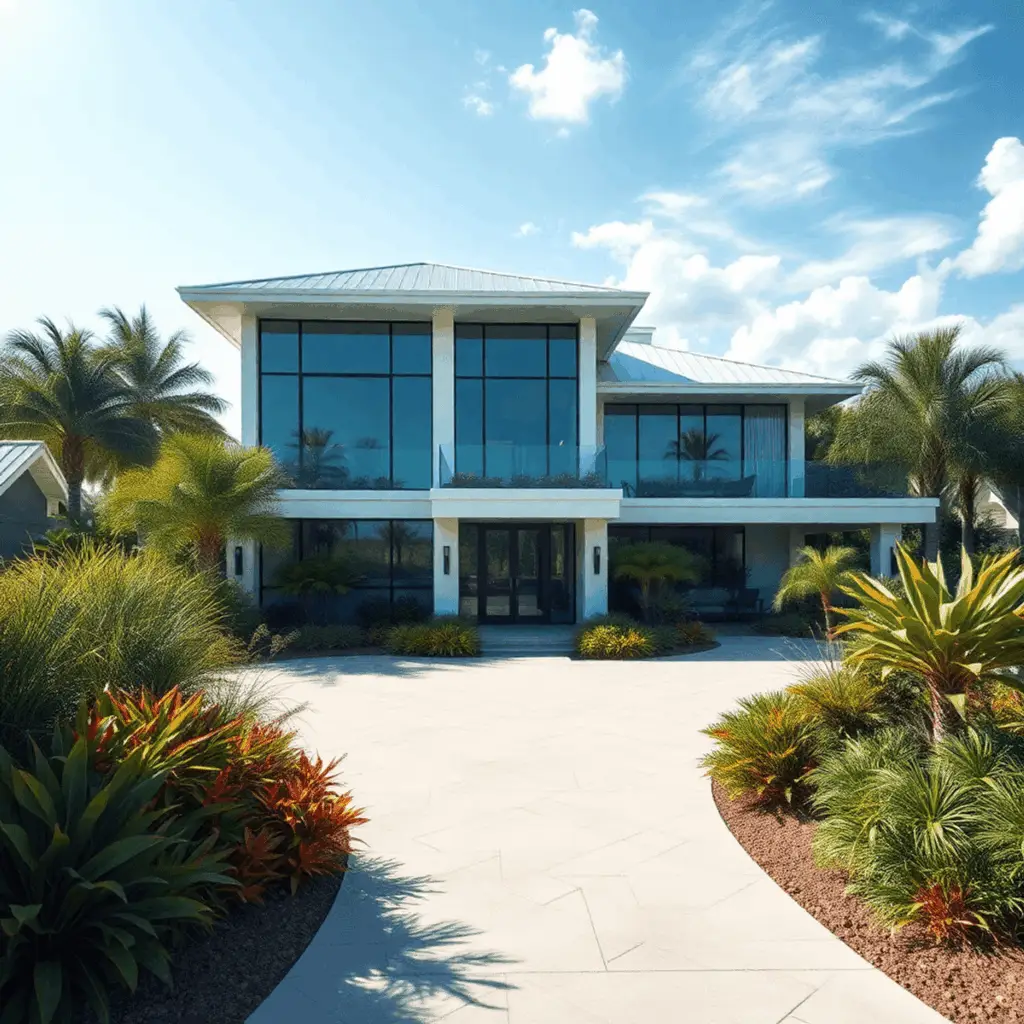 Modern coastal home with sleek windows, reflective roof, lush Florida landscaping, bright sunlight, and ocean with stormy sky in the background.