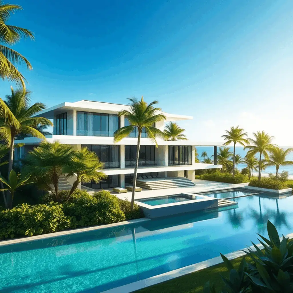 Modern luxury coastal estate with sleek architecture, large windows, lush palms, pool, and subtle energy efficiency elements under bright blue skies.