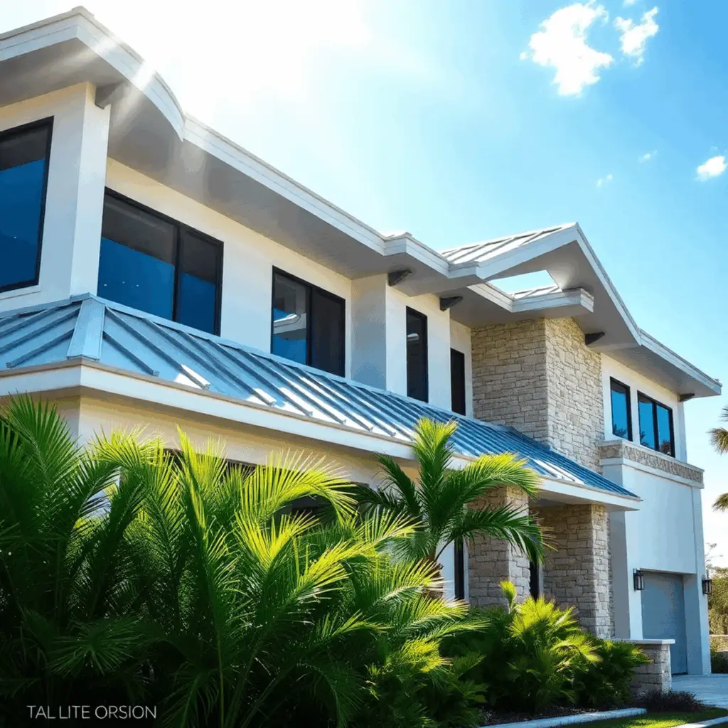 Modern luxury coastal home with metal roofing, fiber cement siding, natural stone accents, and tropical landscaping under a clear blue sky.