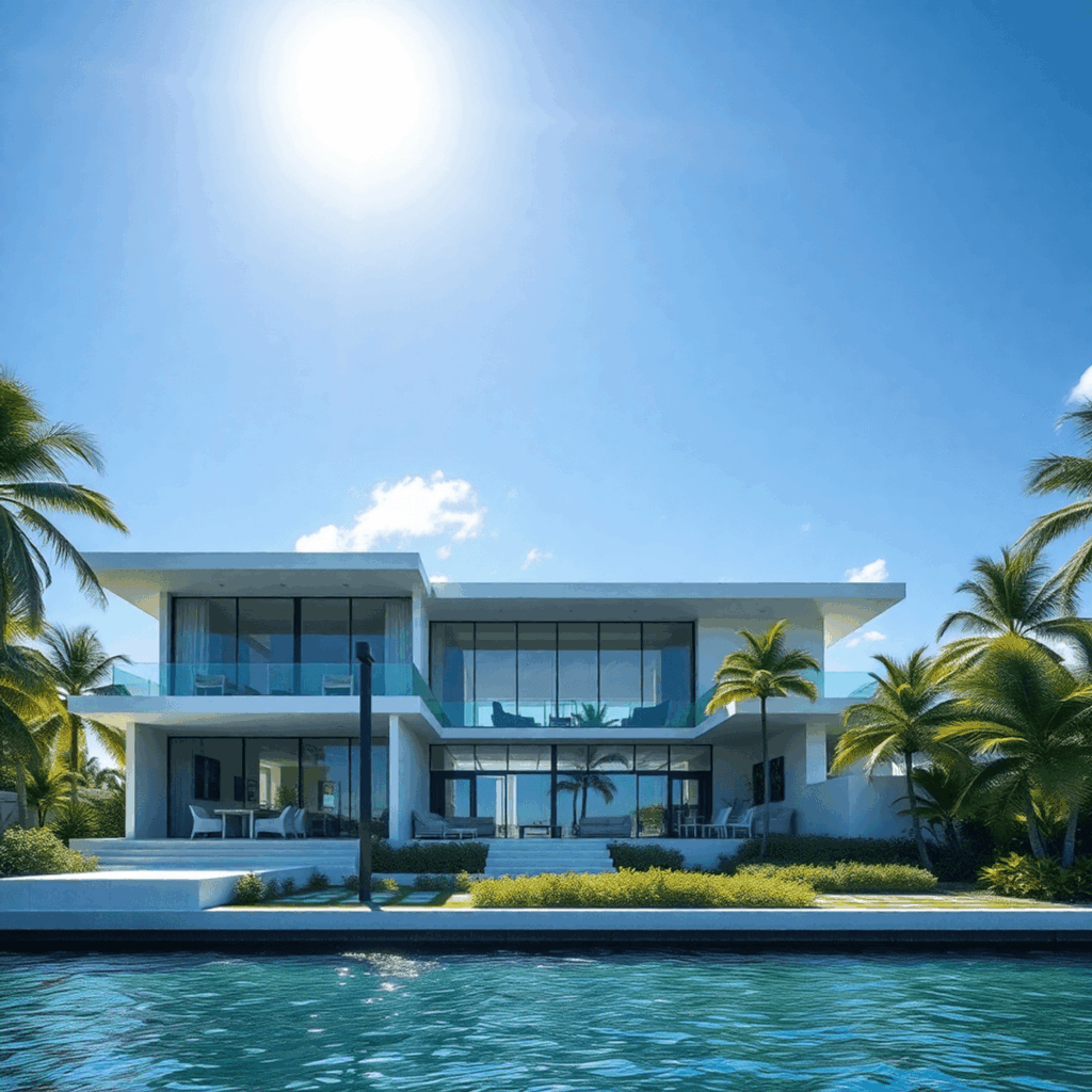 Modern luxury coastal home with sleek design, large glass windows, lush greenery, palm trees, solar panels, and reinforced structure by a calm wate...