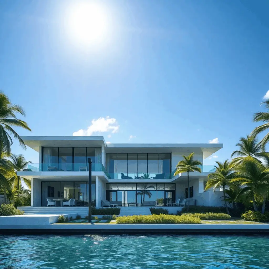 Modern luxury coastal home with sleek design, large glass windows, lush greenery, palm trees, solar panels, and reinforced structure by a calm wate...