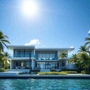 Modern luxury coastal home with sleek design, large glass windows, lush greenery, palm trees, solar panels, and reinforced structure by a calm wate...