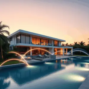 Modern luxury estate at sunset with large windows, terraces, lush landscaping, glowing light trails symbolizing smart home tech, and a calm pool re...