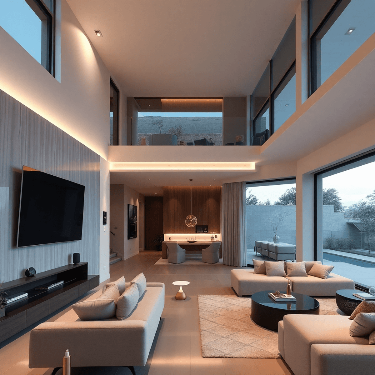 Double-height modern living room with ambient lighting, integrated smart-home controls, and glass walls opening to the terrace