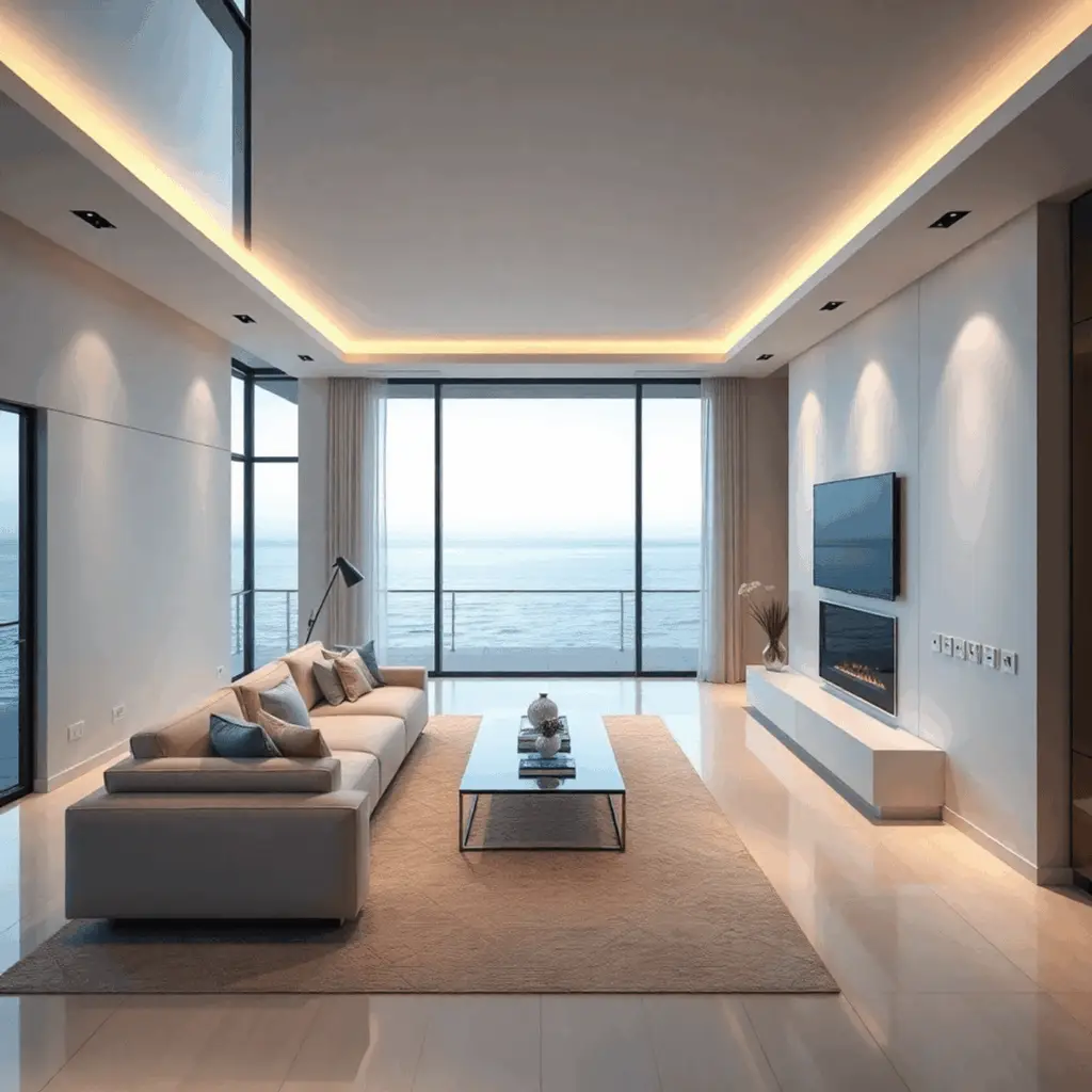 Modern luxury home interior with recessed lighting, hidden speakers, touch controls, and large windows overlooking a serene waterfront view.