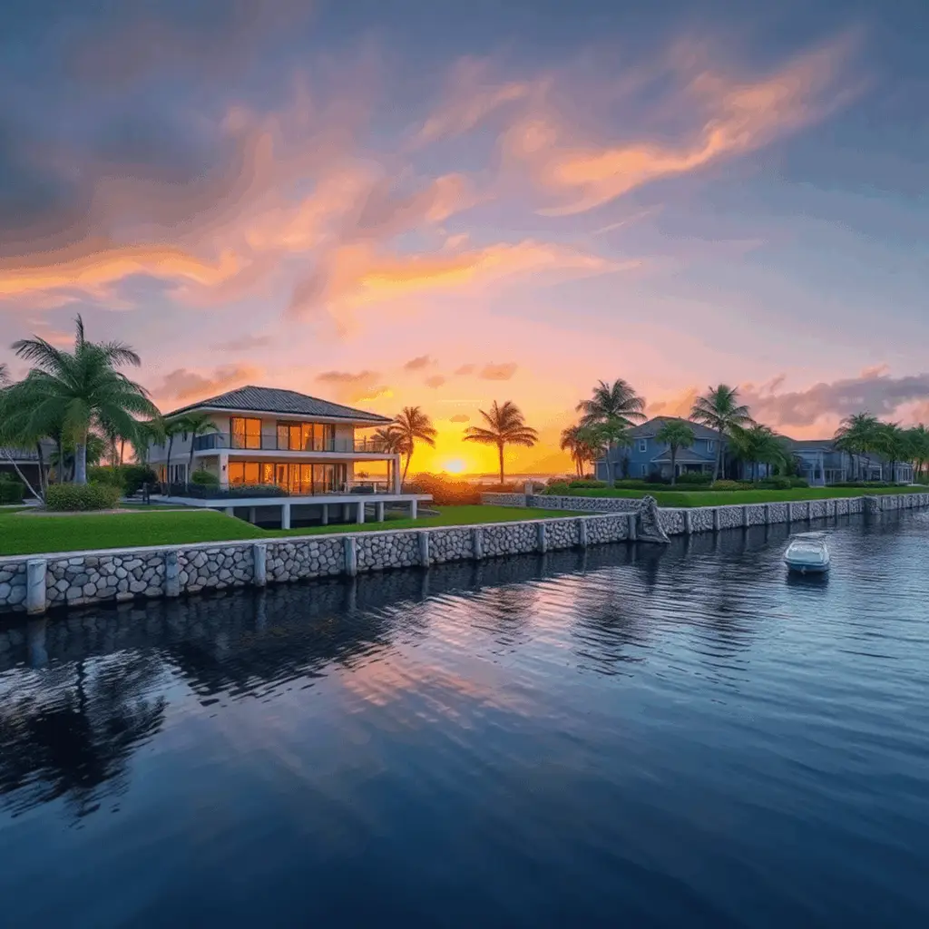 Modern luxury home on a calm canal at sunset, with elevated foundations, seawall, and lush tropical landscaping in Boca Raton.