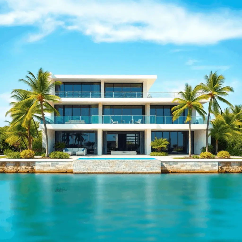 Modern luxury home under construction by calm waterfront, surrounded by tropical plants and palm trees under a bright blue sky.