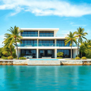 Modern luxury home under construction by calm waterfront, surrounded by tropical plants and palm trees under a bright blue sky.