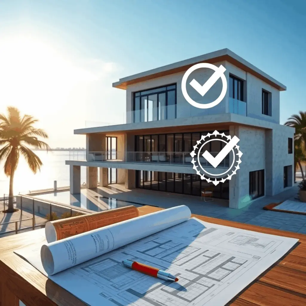 Modern luxury home under construction by the coast with blueprints, tools, and floating permit symbols, set against sunny water and palm trees back...
