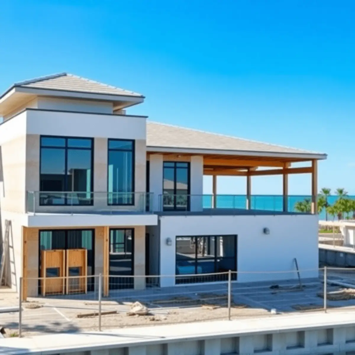 Custom home builders Fort Lauderdale Florida: modern luxury home under construction on the waterfront with impact-resistant windows