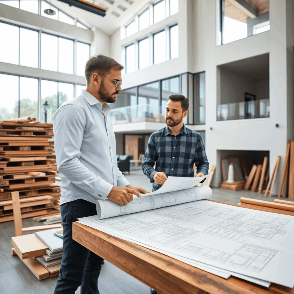 Modern luxury home under construction with architect and builder reviewing blueprints in a bright, upscale setting surrounded by building materials.