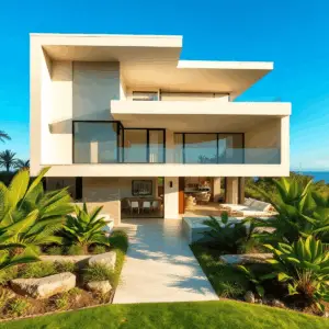 Modern luxury home with clean lines, natural stone and wood, lush tropical landscaping, and a serene waterfront under a bright blue sky.