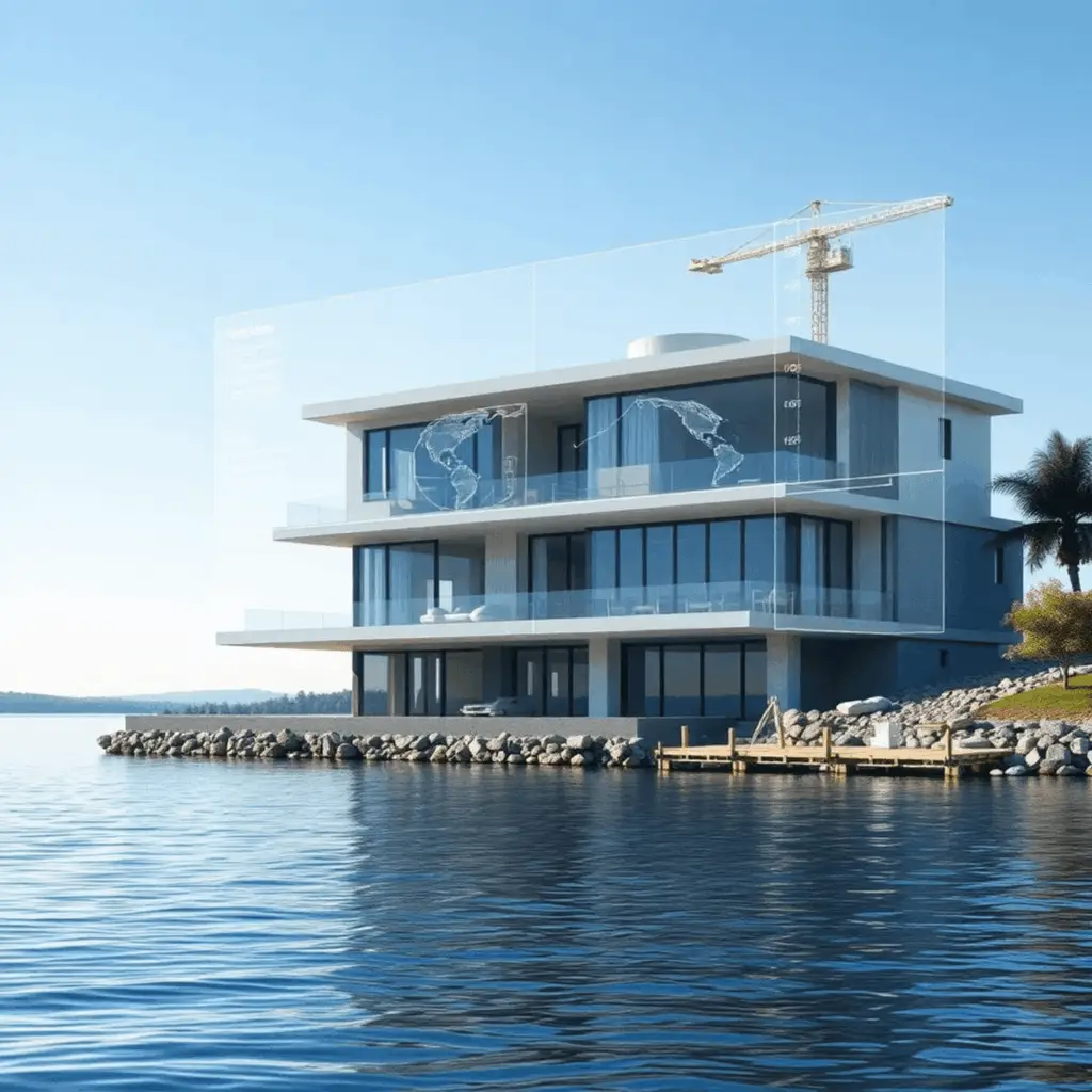Virtual project management tools tracking a luxury waterfront home build